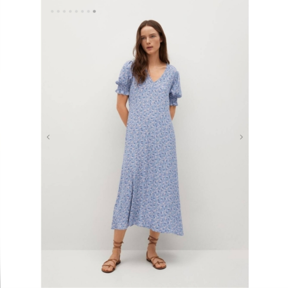 Mango Blue Floral Printed Midi Dress (Size Small | Size 4)